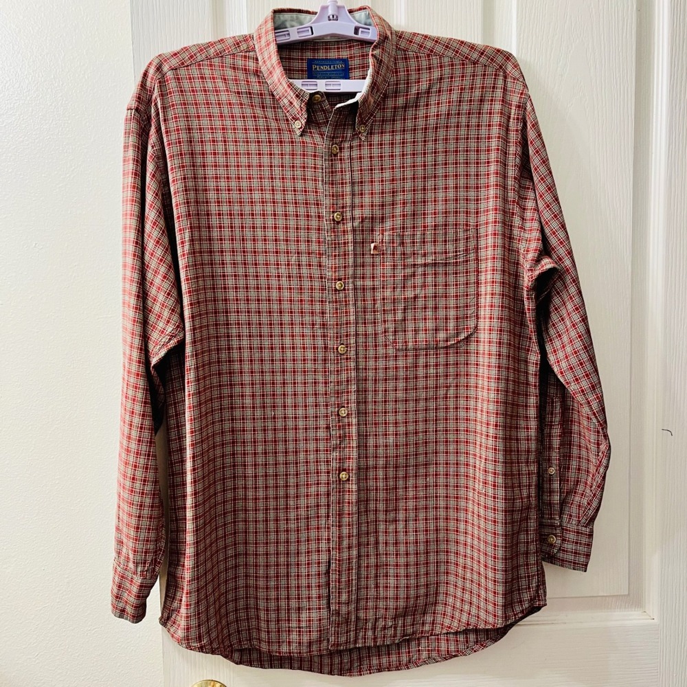 Vintage Pendleton Mason Button Down Shirt Men Large Red Green Plaid 100& Cotton